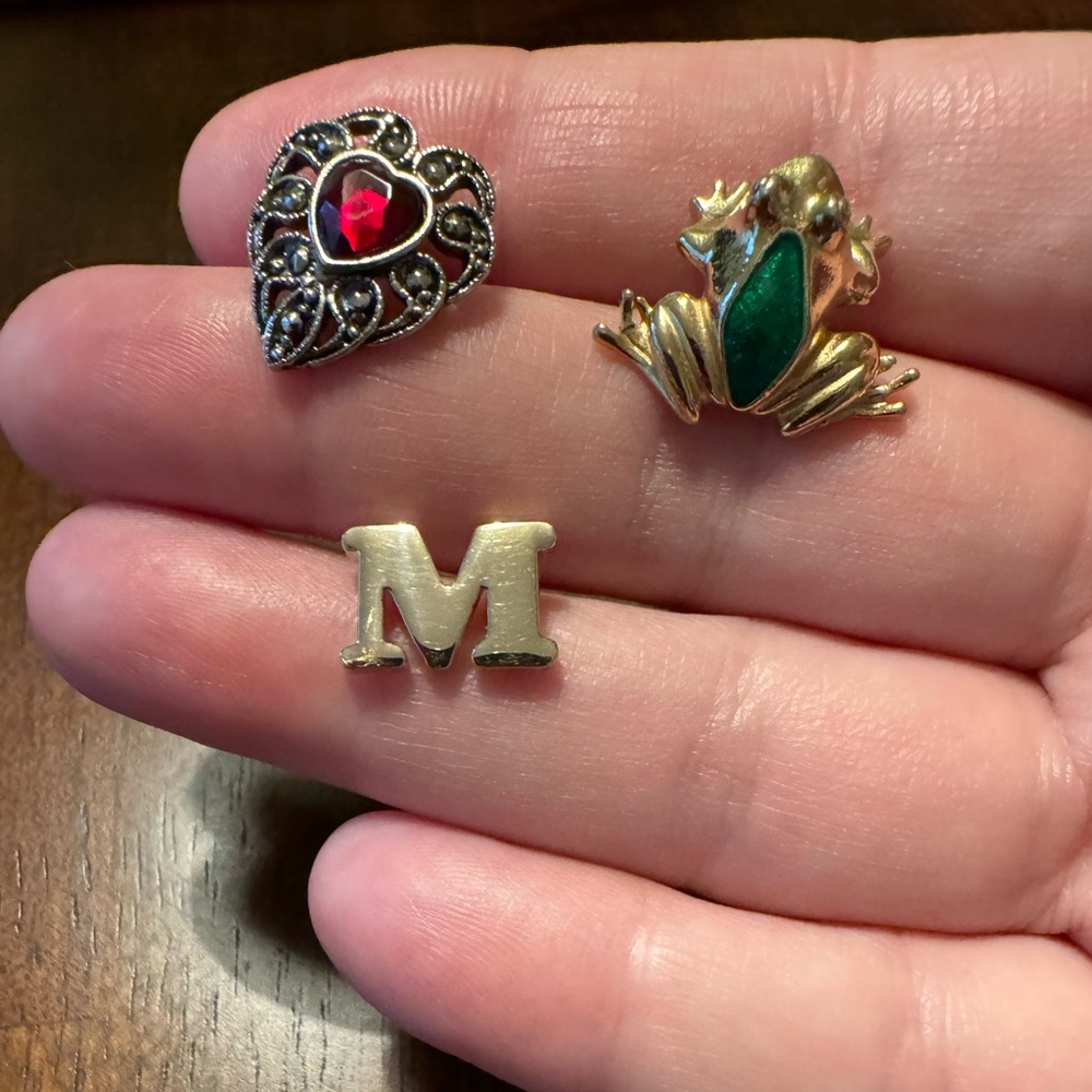 Vintage Avon pins, EUC.  Heart w/red stone, frog w/green enamel, and M.